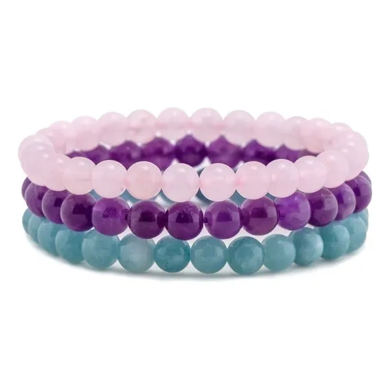 MareAr Moderna Pulseira Esferas Noronha Pulseira Kit 3 Rosa-claro; Violeta; Azul-turquesa Pedras naturais Medio 9 cm Foto 1