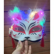 Mascara Raposa Japonesa Rosto Kitsune Gato Fantasia Com Led Cor Preto/vermelho Foto  mini 1
