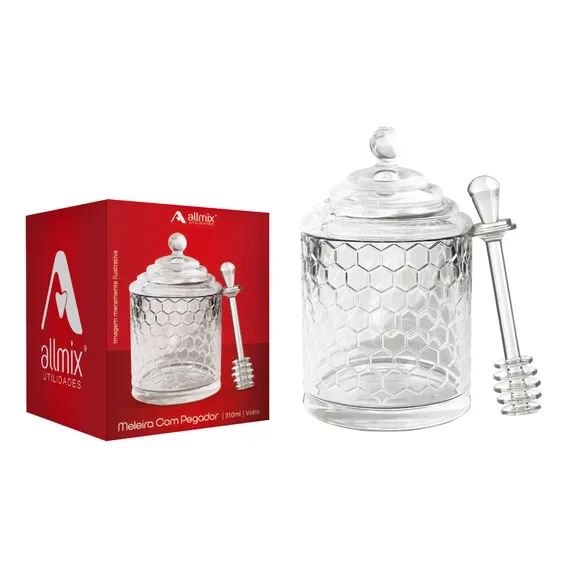 Meleira Pote Porta Mel De Vidro Colmeia 310ml Com Pegador Allmix Foto 1