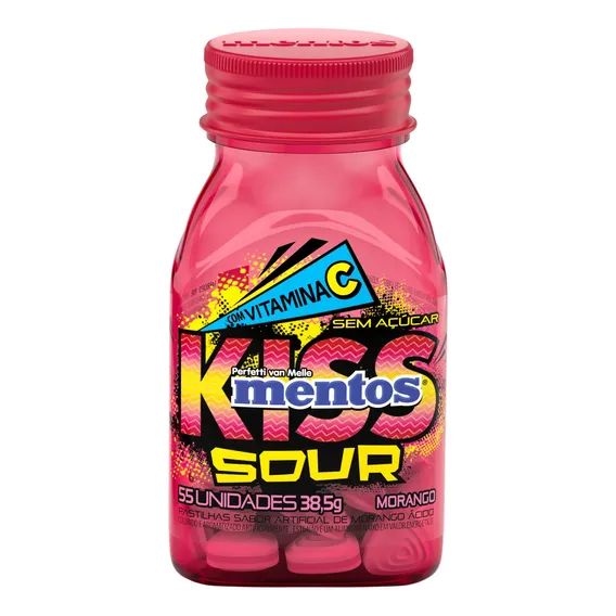 Mentos Kiss Sour Morango Vitamina C Zero Açúcar Foto 1