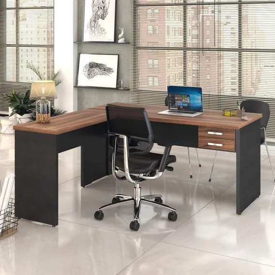 Mesa De Escritório Em L 1,60x1,60m Com 2 Gavetas Ffwt Cor Nogal/Preto Ônix Compace Foto 1