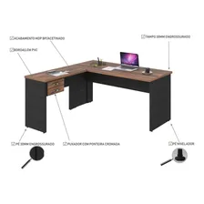 Mesa De Escritório Em L 1,60x1,60m Com 2 Gavetas Ffwt Cor Nogal/Preto Ônix Compace Foto mini 4