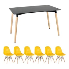 Mesa Eames Retangular 140 X 80 Cm 6 Cadeiras Estofada Botonê Tampa Mesa Preto Com Cadeiras Amarelo Foto mini 1
