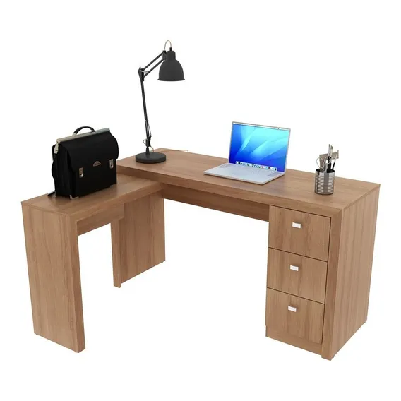 Mesa Em L Para Escritório 3 Gavetas Me4101 Amêndoa - Tecno M Foto 1