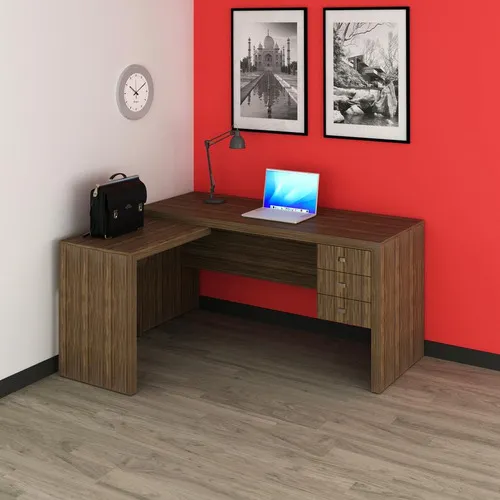 Mesa Escrivaninha Canto Escrit贸rio 3 Gavetas Marrom Nogal Foto 1