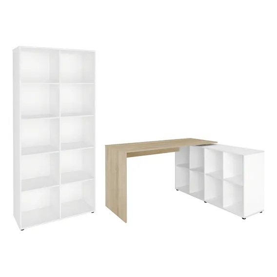 Mesa Escrivaninha L Eron Estante 90x187cm Lean Bco/carvalho Foto 1