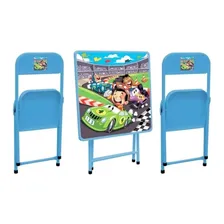 Mesa Infantil Com 2 Cadeiras Dobráveis Em Aço - Azul Carros Foto mini 2