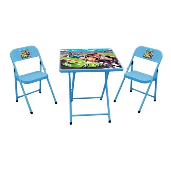 Mesa Infantil Com 2 Cadeiras Dobráveis Em Aço - Azul Carros Foto 1