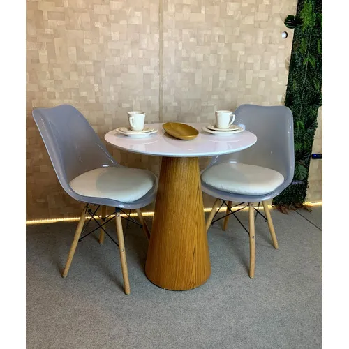 Mesa Jantar Cone 60cm Tampo Laca Branca Base Madeira Freij贸 Foto 1