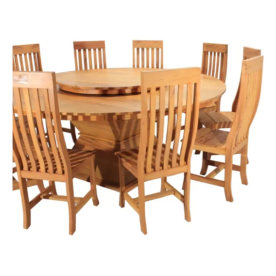 Mesa Jantar Redonda P/ 10 Lugares 2m + 10 Cadeiras Madeira Tampa Peroba Rosa Pés Peroba Rosa Foto 1