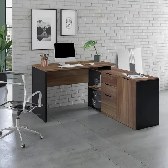 Mesa L Diretor Escrit贸rio Home Office 150x150 Marrom Preto Foto 1