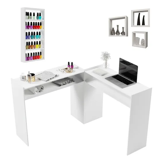 Mesa Manicure Em L + Expositor Esmalte + 3 Nichos Cor Branco Foto 1