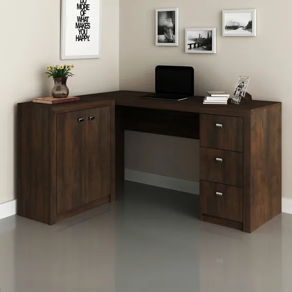Mesa Para Escritório Em L Com 3 Gavetas E Armários Wt Foto 1