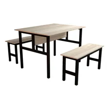 Mesa Refeit贸rio 4 Lugares Com 2 Bancos Metal Wood Design Foto mini 1