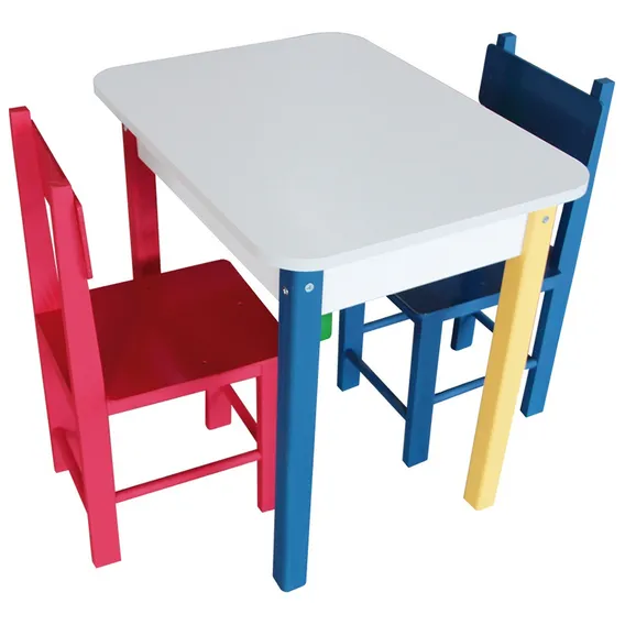 Mesa Retangular Infantil Colorida Com 2 Cadeiras - Madeira Foto 1