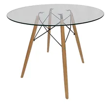 Mesa Vidro 6mm Redonda 90cm Eiffel Charles Eames Pé Madeira Cru Eucalipto JT HOME Foto mini 1