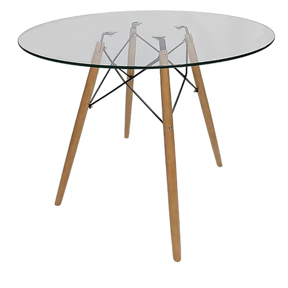 Mesa Vidro 6mm Redonda 90cm Eiffel Charles Eames Pé Madeira Cru Eucalipto JT HOME Foto 1