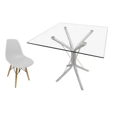 Mesa Vidro Quadrado 90cm Com Base Ana + 1 Cadeira Eiffel Np Cor Branco Foto  mini 1