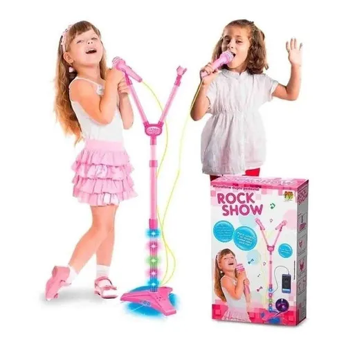 Microfone Duplo C/pedestal E Luz Infantil Mp3 Dm Toys Rosa Foto 1