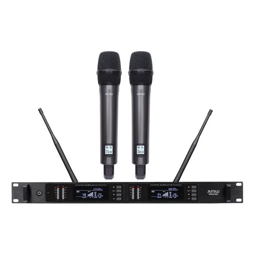 Microfone sem fio duplo de mão Uhf Digital Amw Au400 loja preto Foto 1