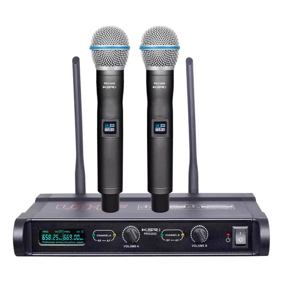 Microfone Sem Fio Preto Duplo Mao Ksr Pro 3000 Uhf Metal Foto 1