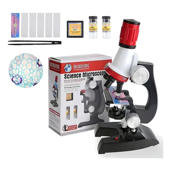 Microsc贸pio Educacional Monocular Biologia Stem 100x 400x 1200x Cor Branco-vermelho-preto Foto 1