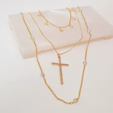 Mix Três Colares Cruz Feminino Folheado A Ouro 18k Cor Dourado Foto mini 3