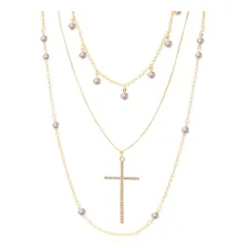 Mix Três Colares Cruz Feminino Folheado A Ouro 18k Cor Dourado Foto mini 1