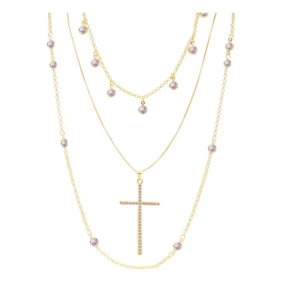 Mix Três Colares Cruz Feminino Folheado A Ouro 18k Cor Dourado Foto 1