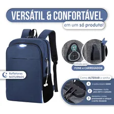 Mochila Anti Furto com Cadeado Notebook Saida Cabo Aux Usb Fone Ouvido Cor Preto Foto mini 4