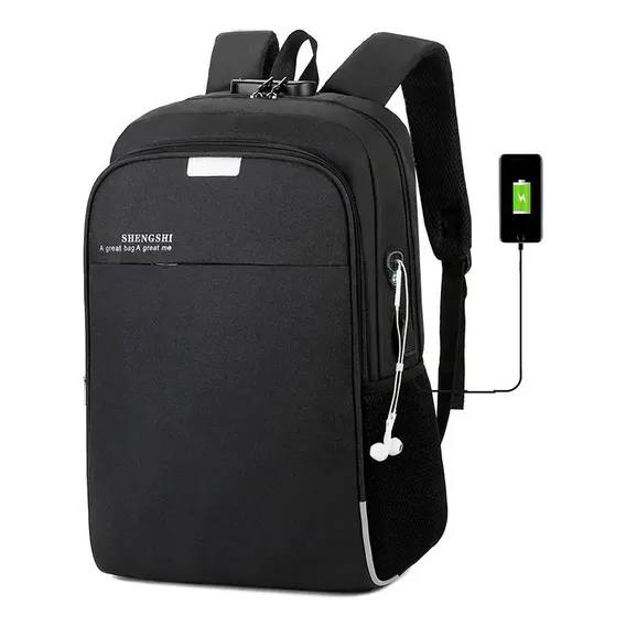 Mochila Anti Furto Notebook Saida Cabo Aux Usb Fone Ouvido Cor Preto Foto 1