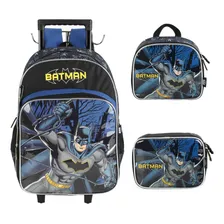 Mochila Carrinho Com Alça Lancheira E Estojo Batman Cor Azul Foto  mini 1