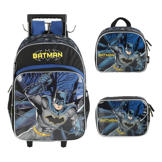 Mochila Carrinho Com Alça Lancheira E Estojo Batman Cor Azul Foto 1