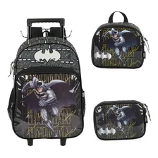 Mochila Carrinho Com Alça Lancheira E Estojo Batman Cor Preto Foto mini 1