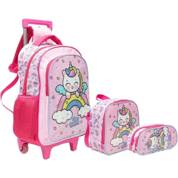 Mochila Com Rodinhas Escolar Infantil Feminina Unicornio Cor Rosa Foto 1