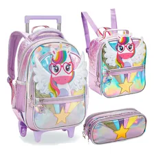 Mochila Escolar Rodinha Unic贸rnio Lancheira Estojo Menina Cor Lil谩s Foto mini 1
