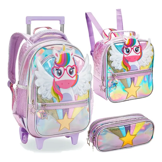 Mochila Escolar Rodinha Unic贸rnio Lancheira Estojo Menina Cor Lil谩s Foto 1