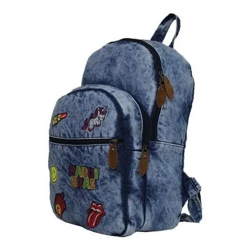 Mochila Jeans Notebook Adulta Faculdade C/ Diversos Patches Foto 1