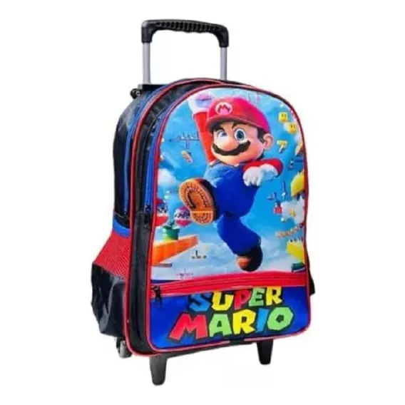 Mochila Mario Bros Luigi Bolsa Infantil Escolar Rodinhas Cor Preto Foto 1