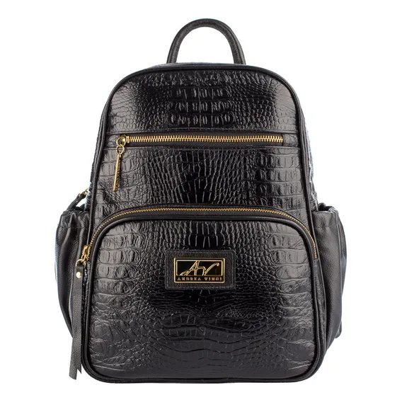Mochila Pequena De Couro Legítimo Zoey Preta Croco Foto 1