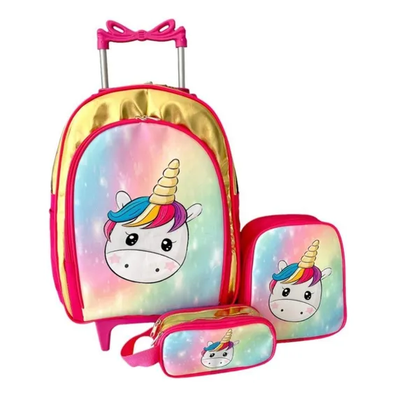 Mochila Unicornio Dourado Magic Rodinhas Lanch Estojo Cor Rosa Foto 1