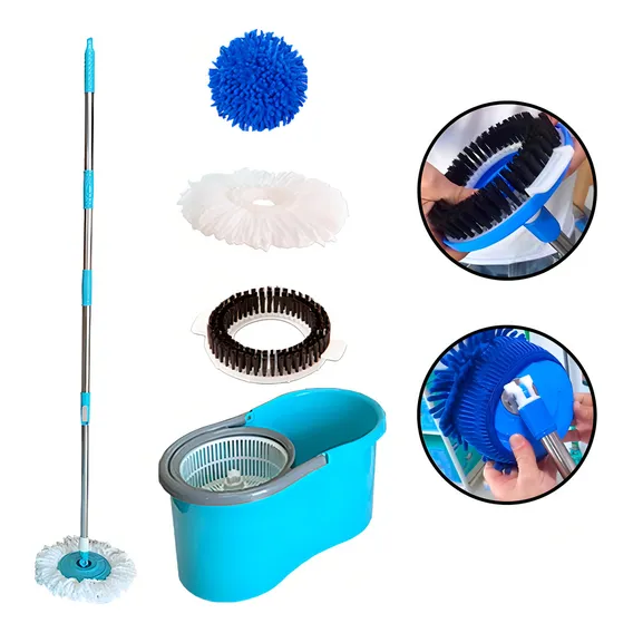 Mop Girat贸rio Cabo Longo + Refil Microfibra Tira P贸, Escov茫o Cor Azul Foto 1