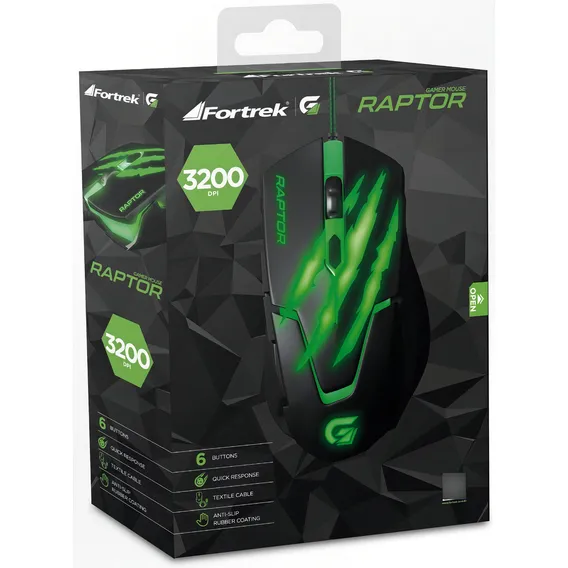 Mouse Gamer Usb 3200dpi Raptor Preto/verde Fortrek Cor Verde Foto 1