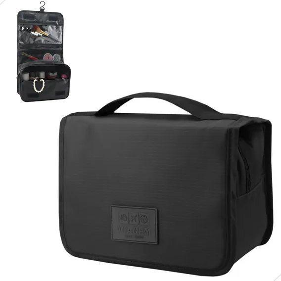 Necessaire Masculina Feminina Grande Viagem Cabide Divisória Cor Preto-necessaire Masculina Ou Feminina De Viagem Com Divisórias Grande Gancho De Pendurar Desenho Do Tecido Liso Foto 1