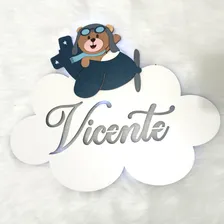 Nuvem Ursinho Aviador Com Nome E Led Quarto Infantil E Bebê Cor Azul Foto mini 2