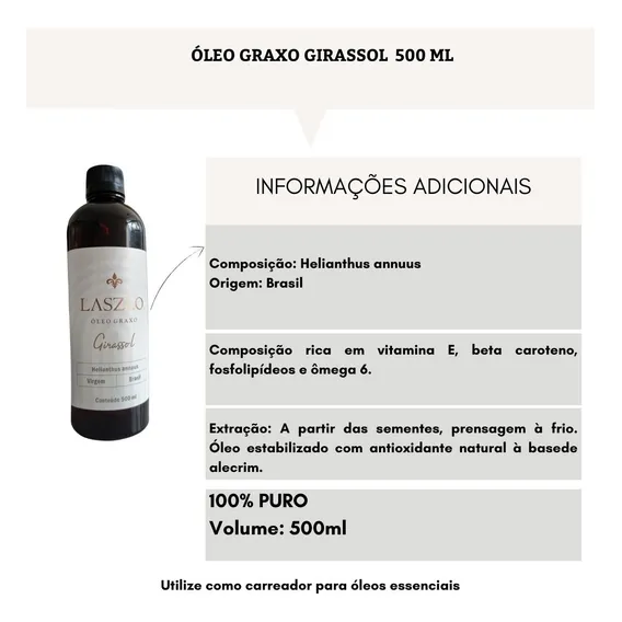 Oléo Girassol 500ml Laszlo Massagem Extra Virgem Graxo Puro Foto 1