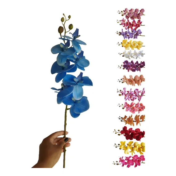 OrquÃdea Arranjo Artificial Flor Toque Real Haste 7 Flores Cor Azul Estriado Foto 1