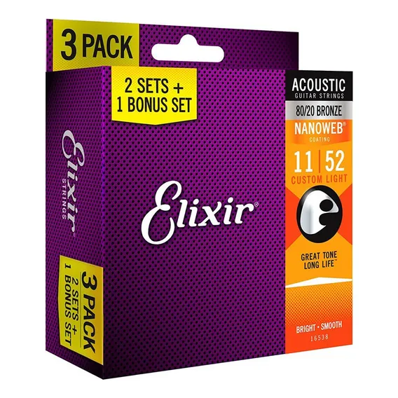 Pack 3 Encordoamento Elixir Violão 011 80/20 Bronze Custom Foto 1