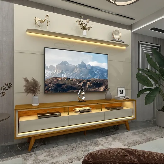 Painel E Rack Led Pés Madeira Royal Requinte Natu Off Gelius Foto 1