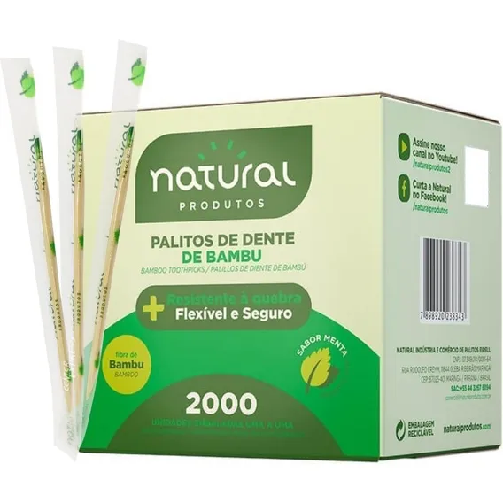 Palito Dente Bambu Sabor Menta Embalado Natural Caixa 2.000 Foto 1